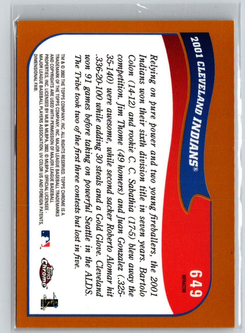 2002 Topps Chrome #649 Cleveland Indians Gold Refractors F2