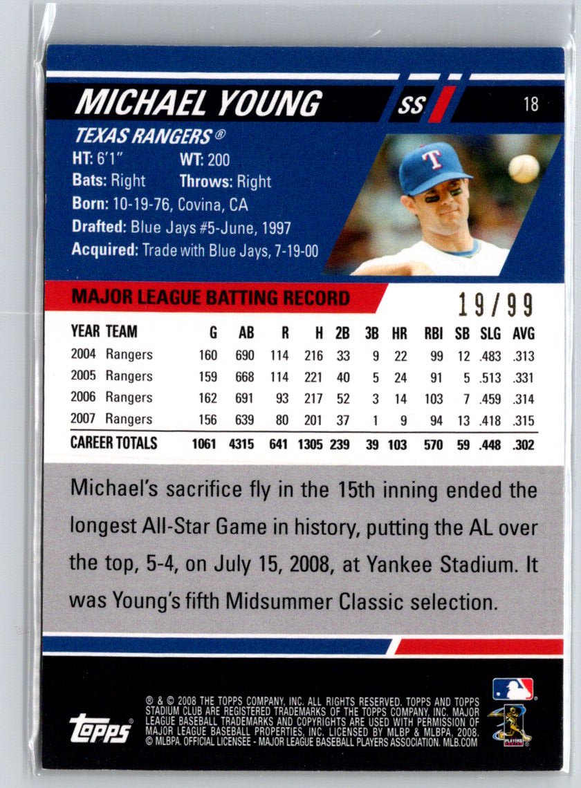 2008 Stadium Club #18 Michael Young Photographer's Proof Blue #/99 F2