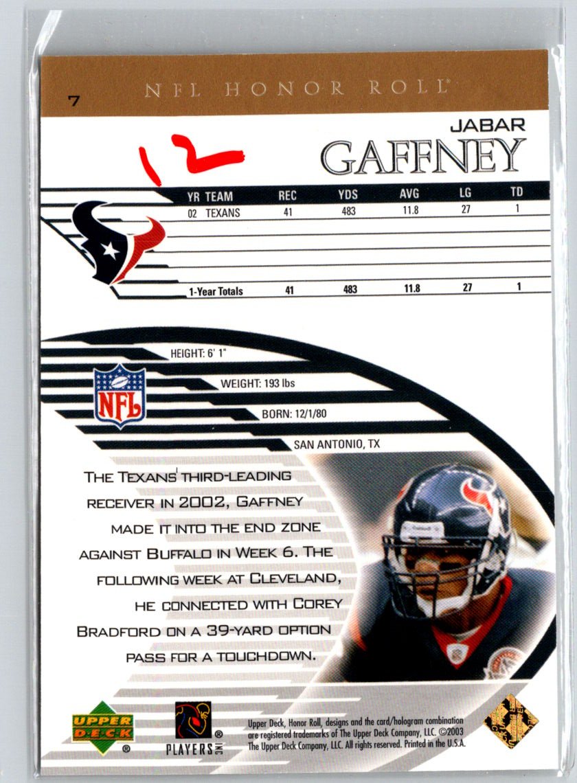 2003 Upper Deck Honor Roll #7 Jabar Gaffney Gold #/25 F2