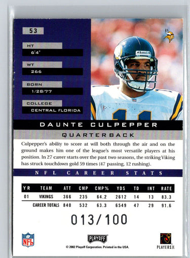 2002 Playoff Honors #53 Daunte Culpepper O's #/100 F3