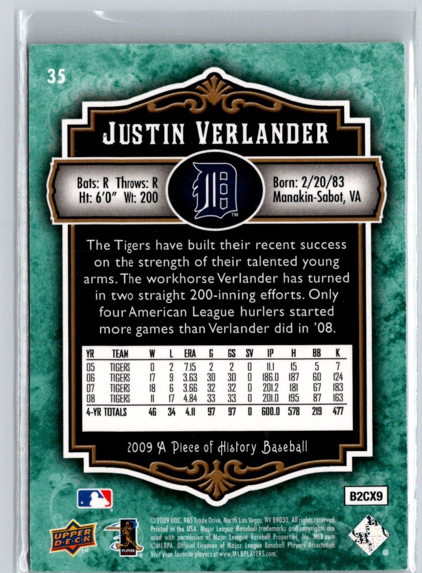 2009 Upper Deck A Piece of History #35 Justin Verlander Green #/150 F3