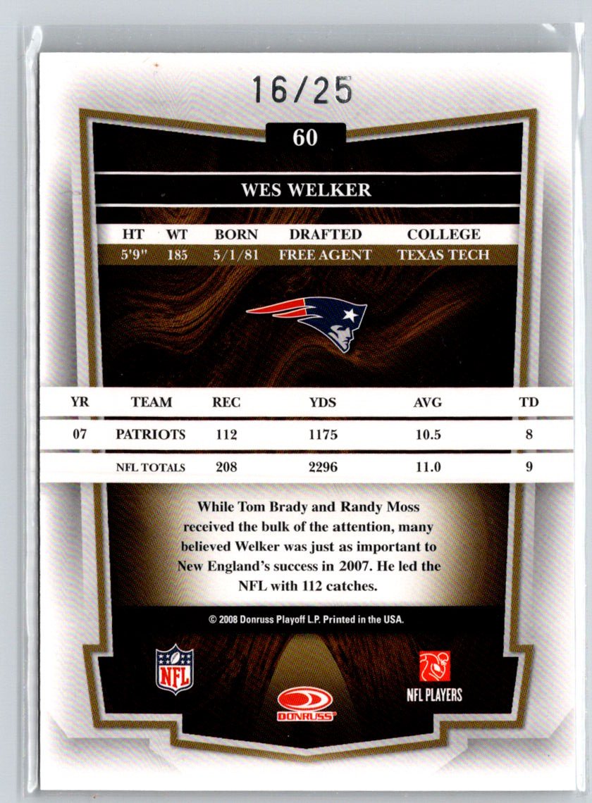2008 Donruss Classics #60 Wes Welker Timeless Tributes Platinum #/25 F3