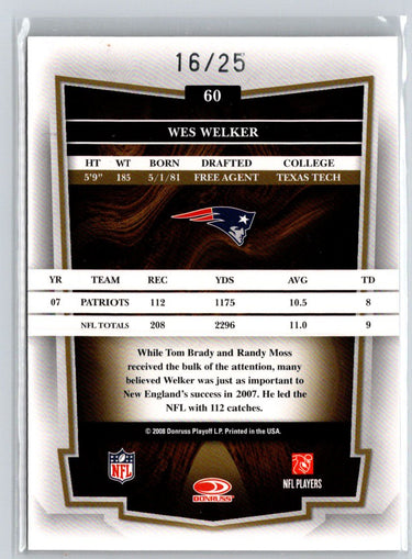 2008 Donruss Classics #60 Wes Welker Timeless Tributes Platinum #/25 F3