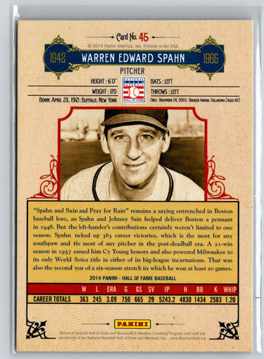 2014 Panini Hall of Fame 75th Year Anniversary Red #45 Warren Spahn #/75 F5