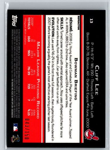 2009 Bowman Chrome #13 Cliff Lee Blue Refractors #/150 F5