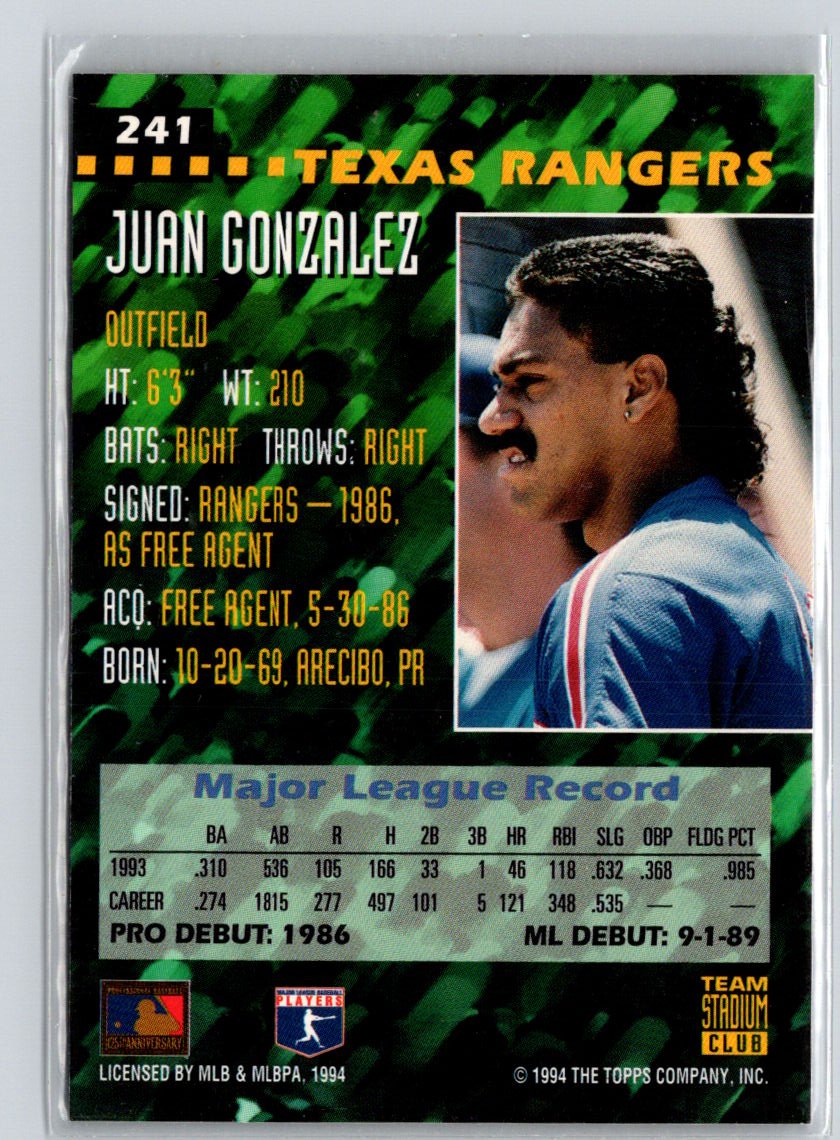 1994 Stadium Club Team #241 Juan Gonzalez First Day Issue F7
