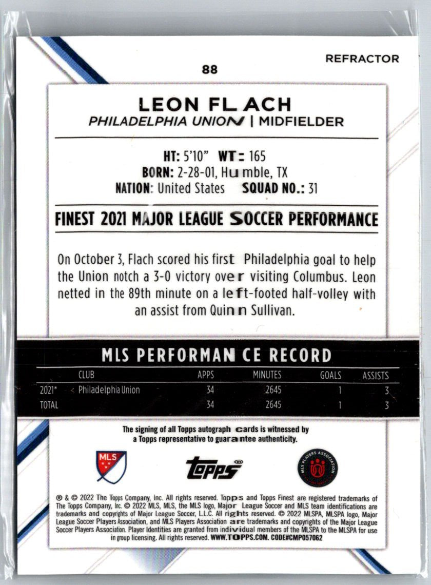 2022 Finest MLS #88 Leon Flach Base Set Autographs Refractor F7