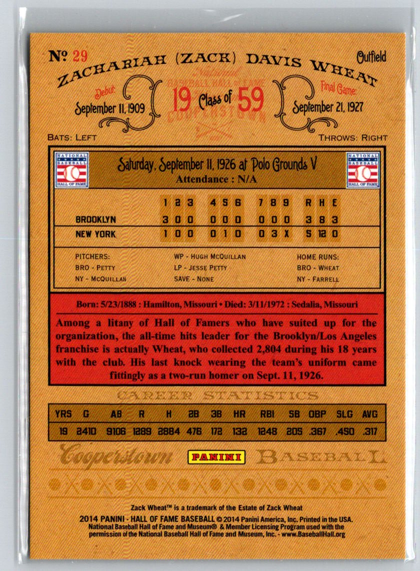 2014 Panini Hall of Fame 75th Year Anniversary Blue Frame #29 Zack Wheat #/25 F8