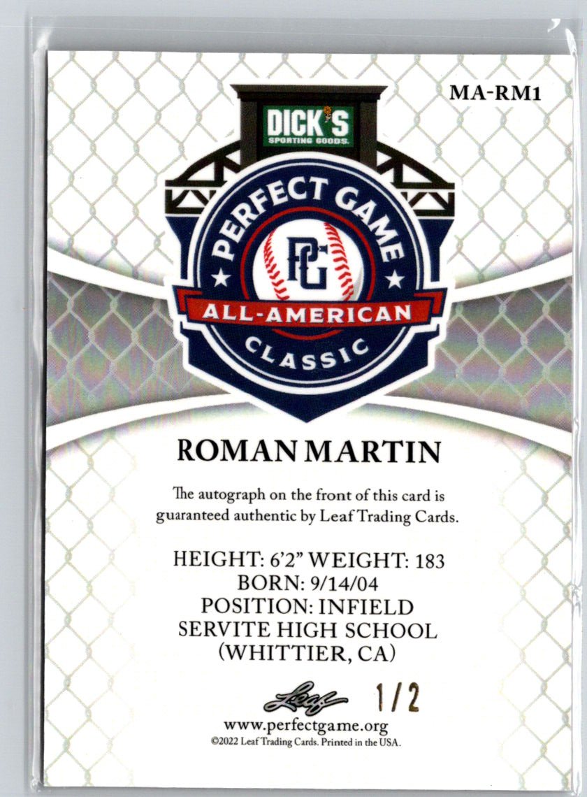 2022 Leaf Metal Perfect Game #MA-RM1 Roman Martin Auto Orange Wave #/2 F9