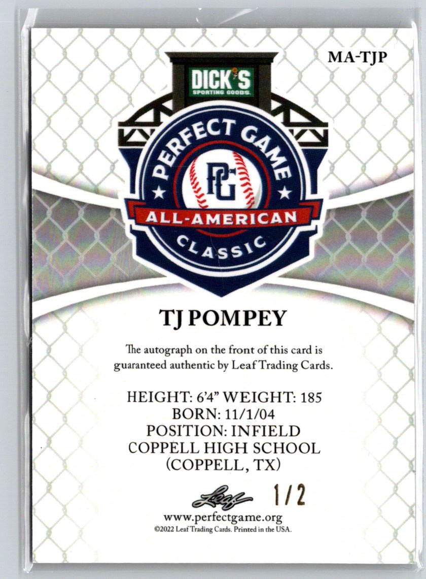 2022 Leaf Metal Perfect Game #MA-TJP TJ Pompey American Auto Orange Wave #/2 F9