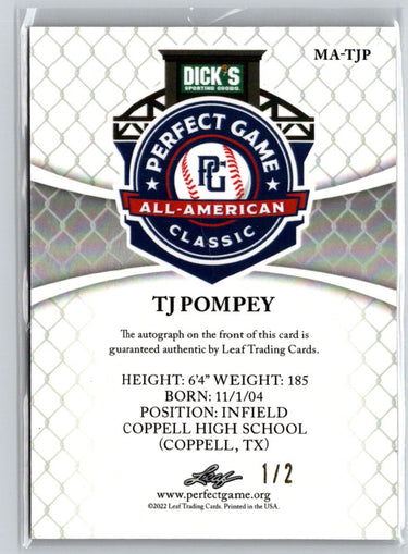 2022 Leaf Metal Perfect Game #MA-TJP TJ Pompey American Auto Orange Wave #/2 F9