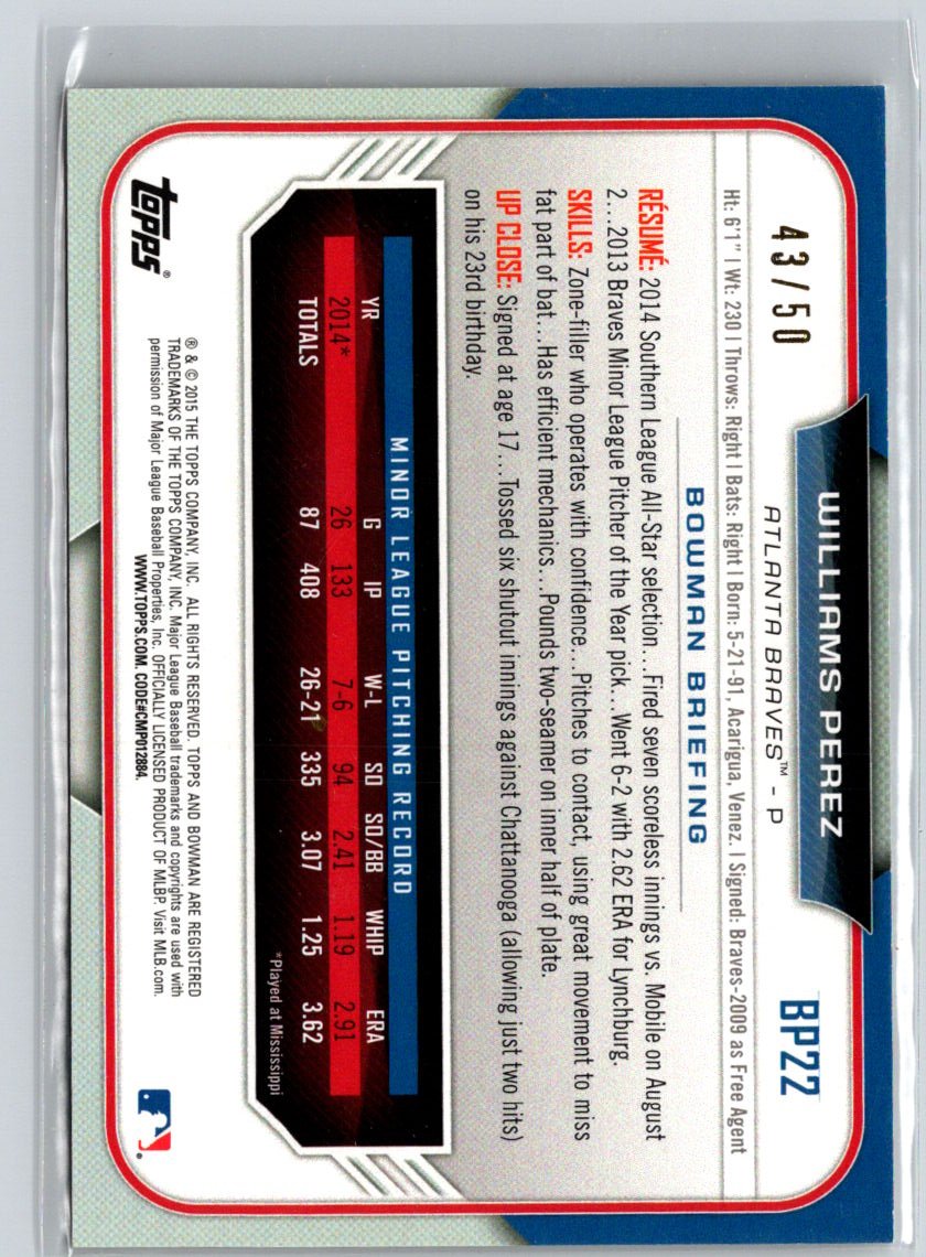 2015 Bowman - Prospects Gold #BP22 Williams Perez #/50 F10