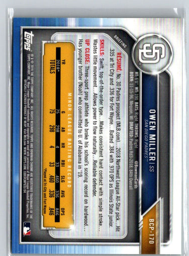 2019 Bowman Chrome #BCP-170 Owen Miller Prospects Green Shimmer #/99 F11