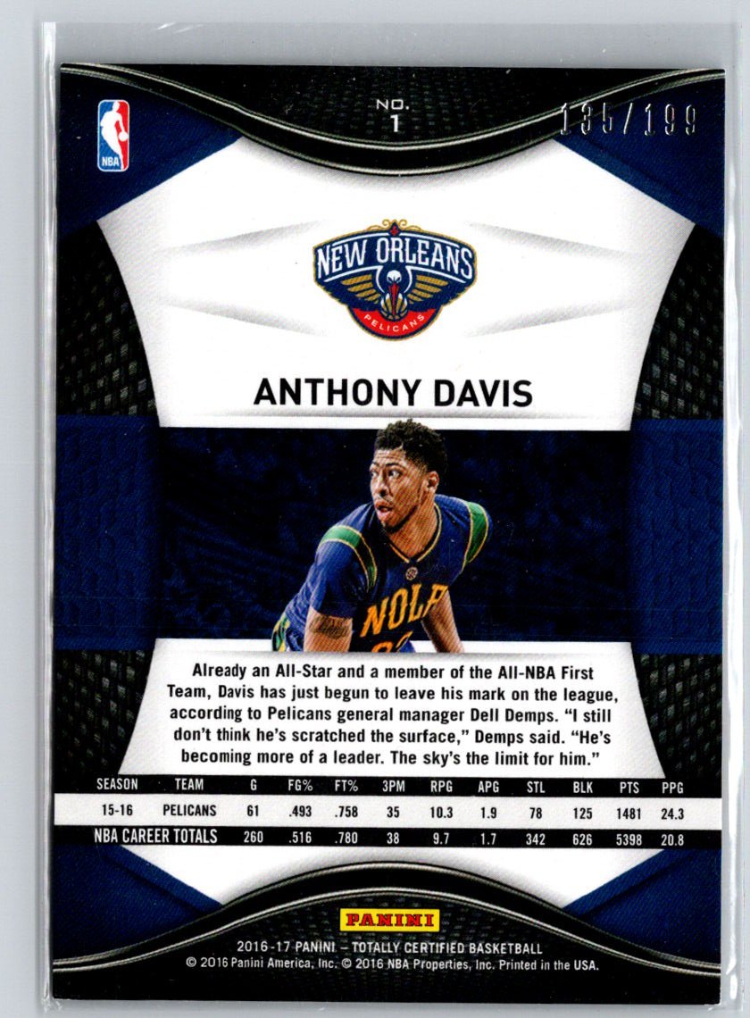 2016-17 Panini Totally Certified #1 Anthony Davis Red #/199 F14