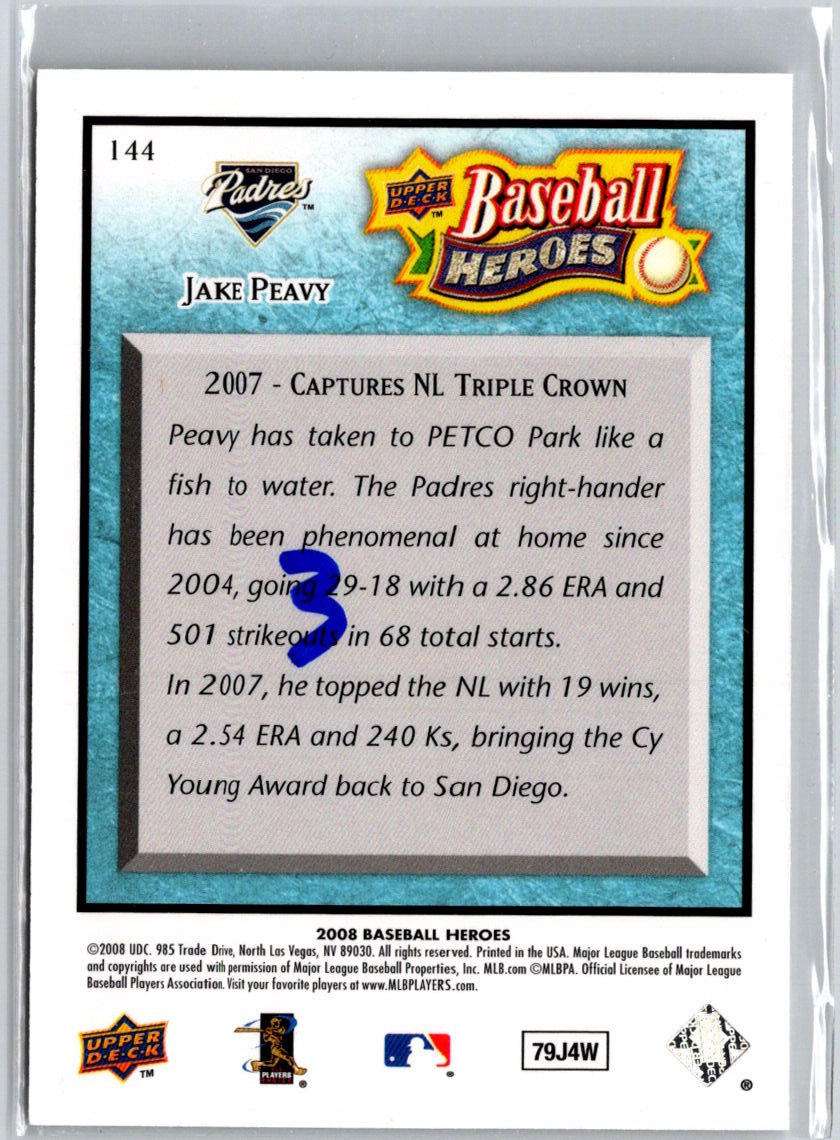 2008 Upper Deck Baseball Heroes #144 Jake Peavy Light Blue #/49 F15