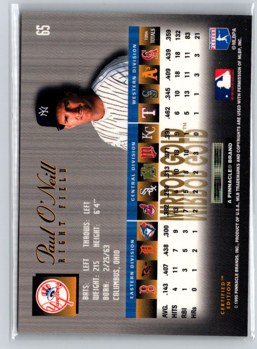 1995 Select Certified #65 Paul O'Neill Mirror Gold F15