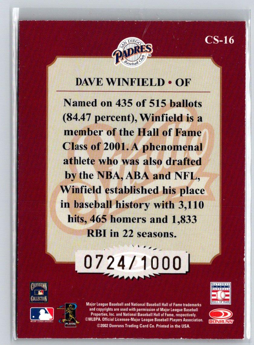 2002 Donruss Studio #CS-16 Dave Winfield Classic #/1000 F15
