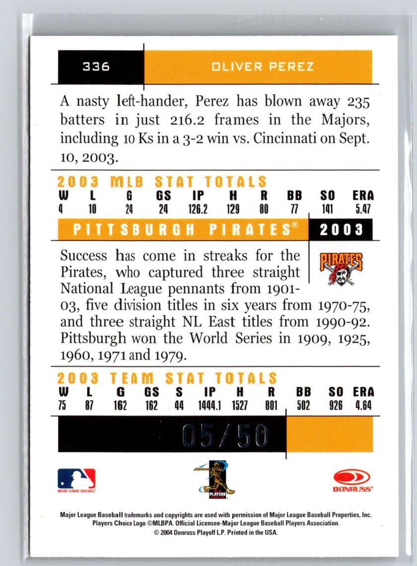 2004 Donruss Team Heroes #336 Oliver Perez Showdown Silver #/50 F15