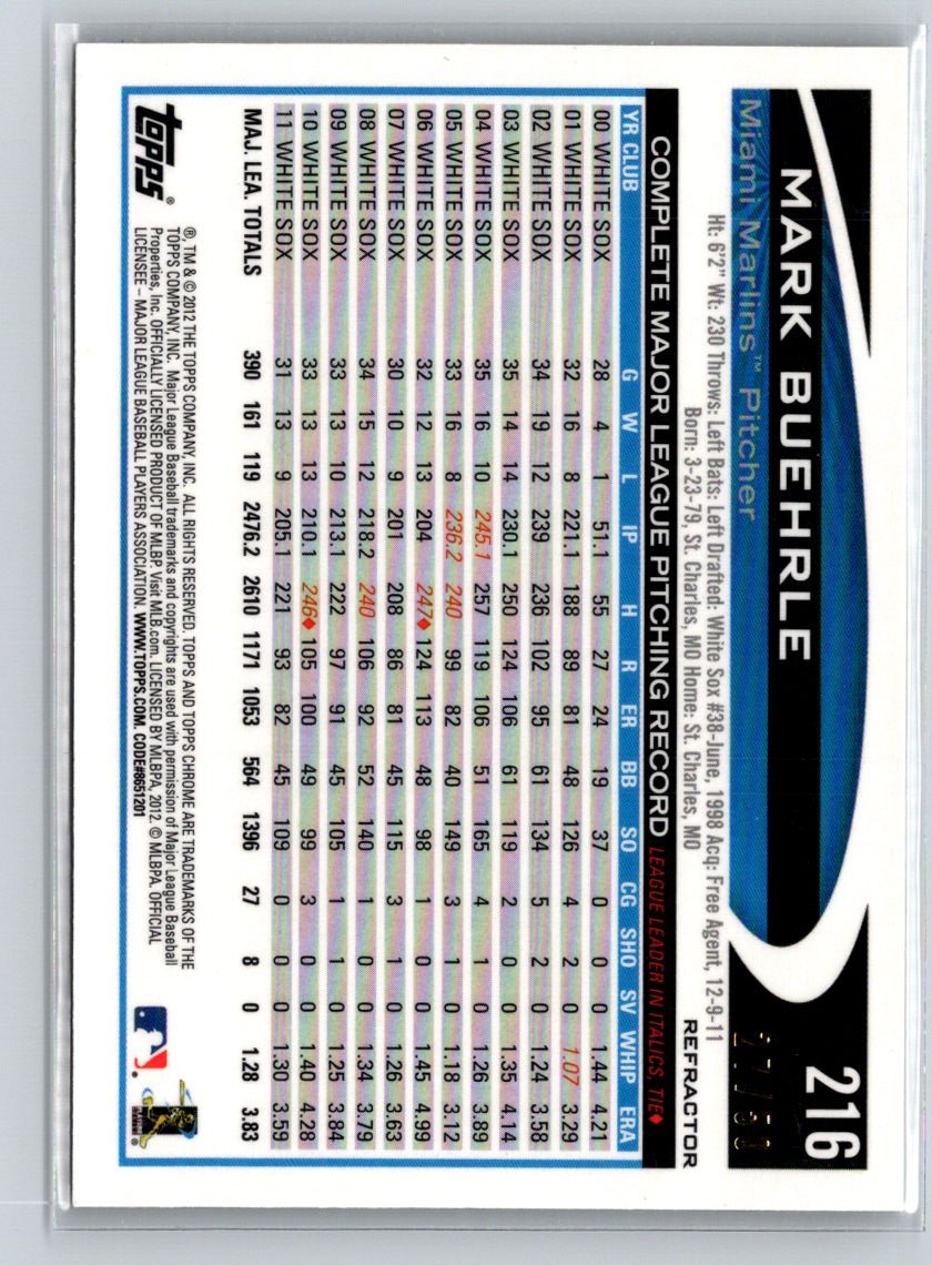 2012 Topps Chrome #216 Mark Buehrle Gold Refractors #/50 F16