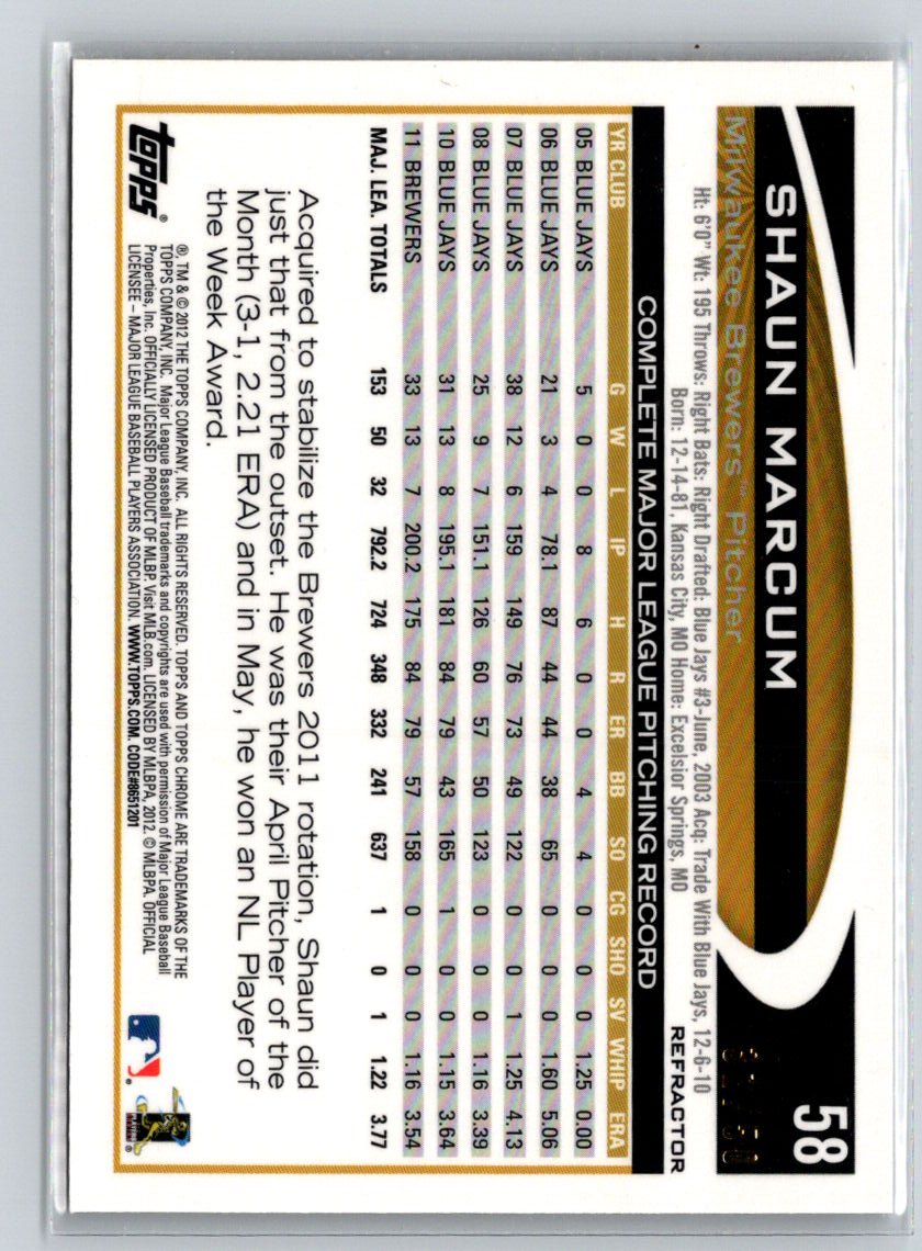 2012 Topps Chrome #58 Shaun Marcum Gold Refractors #/50 F16