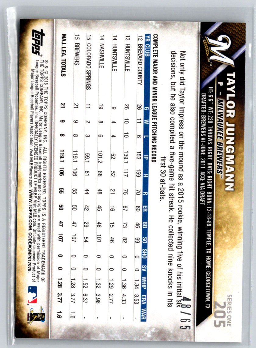 2016 Topps #205 Taylor Jungmann Black #/65 F16