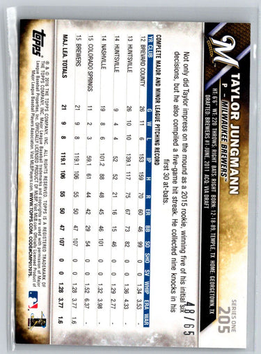 2016 Topps #205 Taylor Jungmann Black #/65 F16