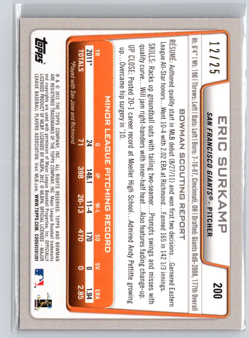 2012 Bowman #200 Eric Surkamp Silver Ice Red #/25 F17