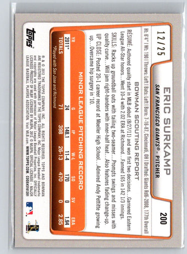 2012 Bowman #200 Eric Surkamp Silver Ice Red #/25 F17