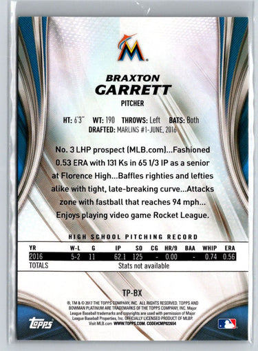 2017 Bowman Platinum #TP-BX Braxton Garrett Top Prospects Orange #/25 F17