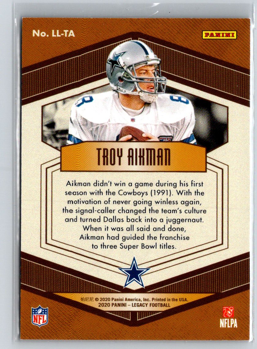 2020 Panini Legacy #LL-TA Troy Aikman Lasting Legacies Green #/100 F17