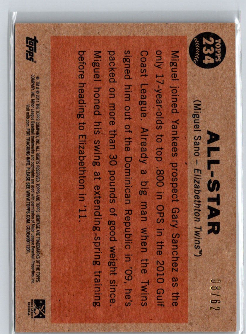 2011 Topps Heritage Minor League #234 Miguel Sano Black Border #/62 F18