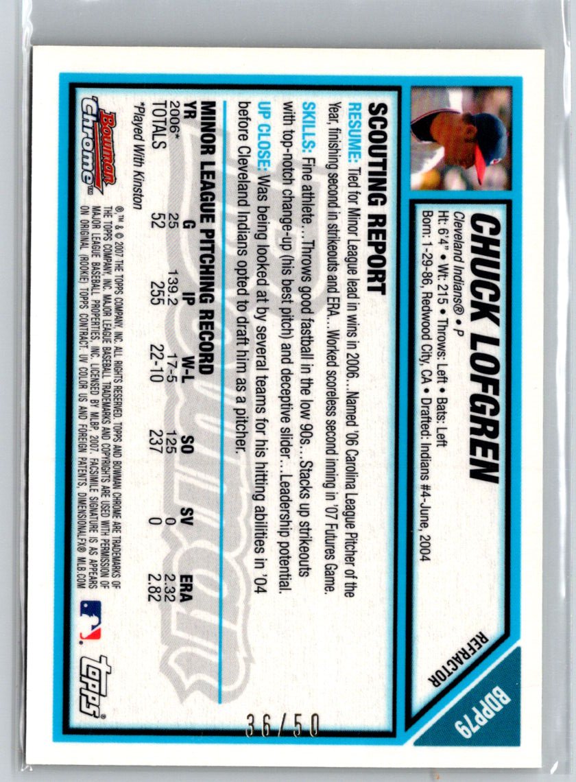 2007 Bowman #BC28 Charles Lofgren Chrome Prospects Gold Refractors #/50 F18
