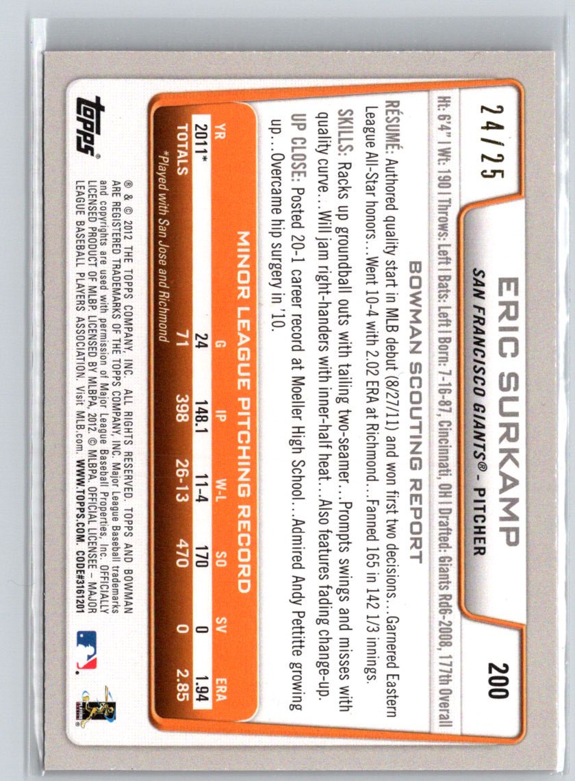 2012 Bowman #200 Eric Surkamp Silver Ice Red #/25 F18