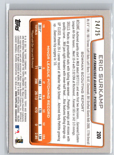 2012 Bowman #200 Eric Surkamp Silver Ice Red #/25 F18