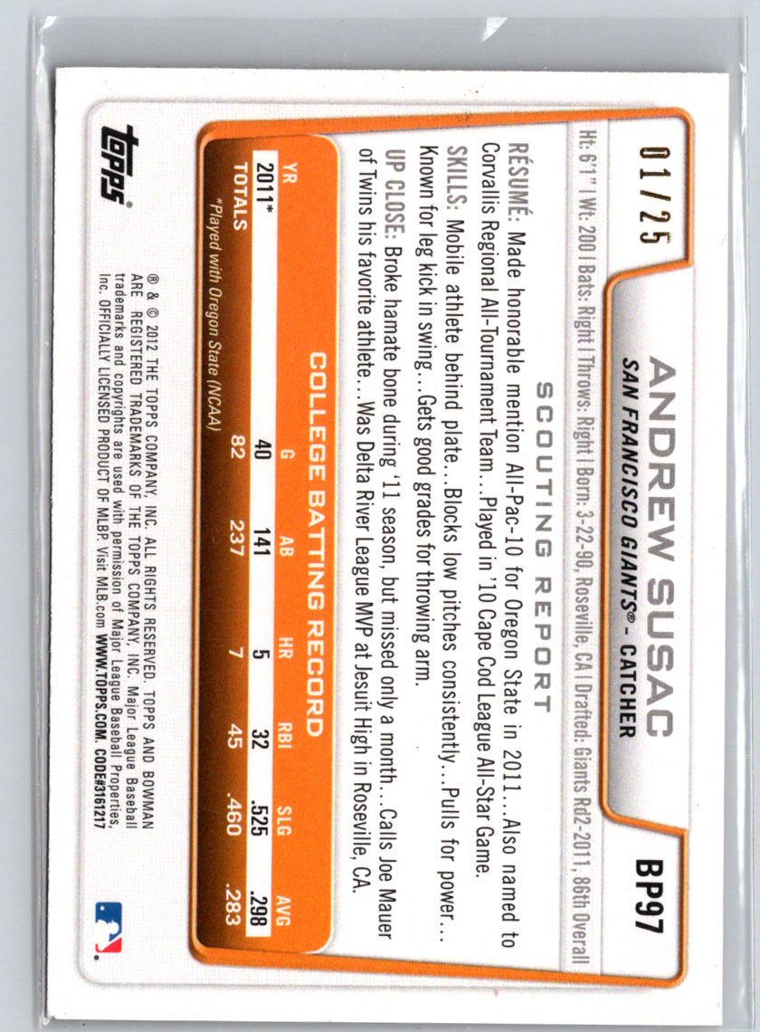 2012 Bowman #BP97 Andrew Susac Prospects Silver Ice Red #/25 F18