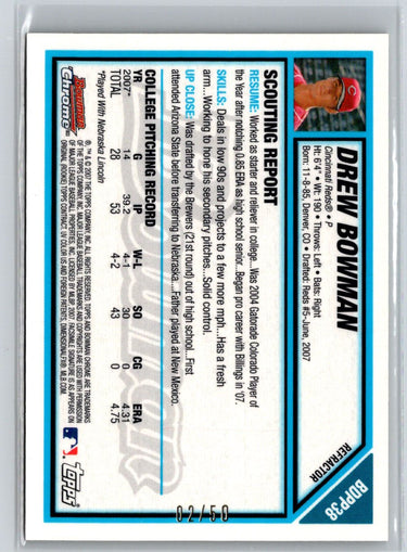 2007 Bowman Chrome #BDPP38 Drew Bowman Gold Refractors #/50 F19