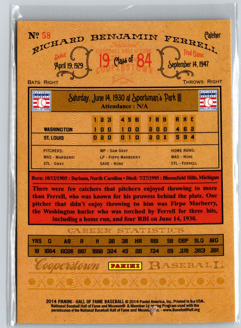2014 Panini Hall of Fame  - Blue Frame Red #58 Rick Ferrell #/50 F19