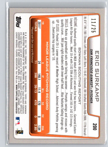 2012 Bowman #200 Eric Surkamp Silver Ice Red #/25 F20