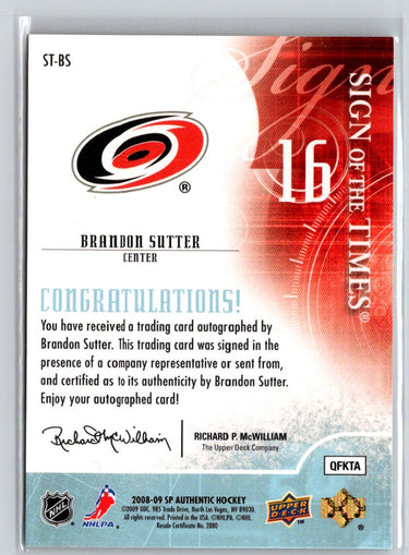 2008-09 SP Authentic #ST-BS Brandon Sutter Sign of the Times F20