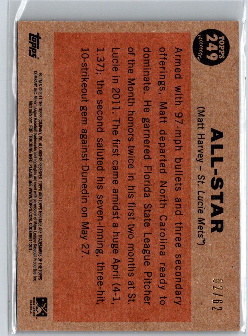 2011 Topps Heritage Minor League #249 Matt Harvey Black Border #/62 F20