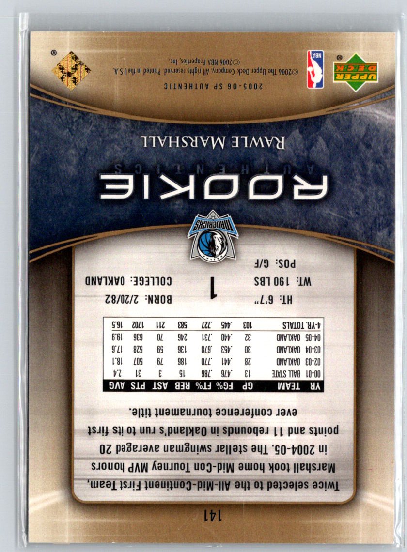 2005-06 SP Authentic #141 Rawle Marshall Extra Limited Rookies #/25 F20
