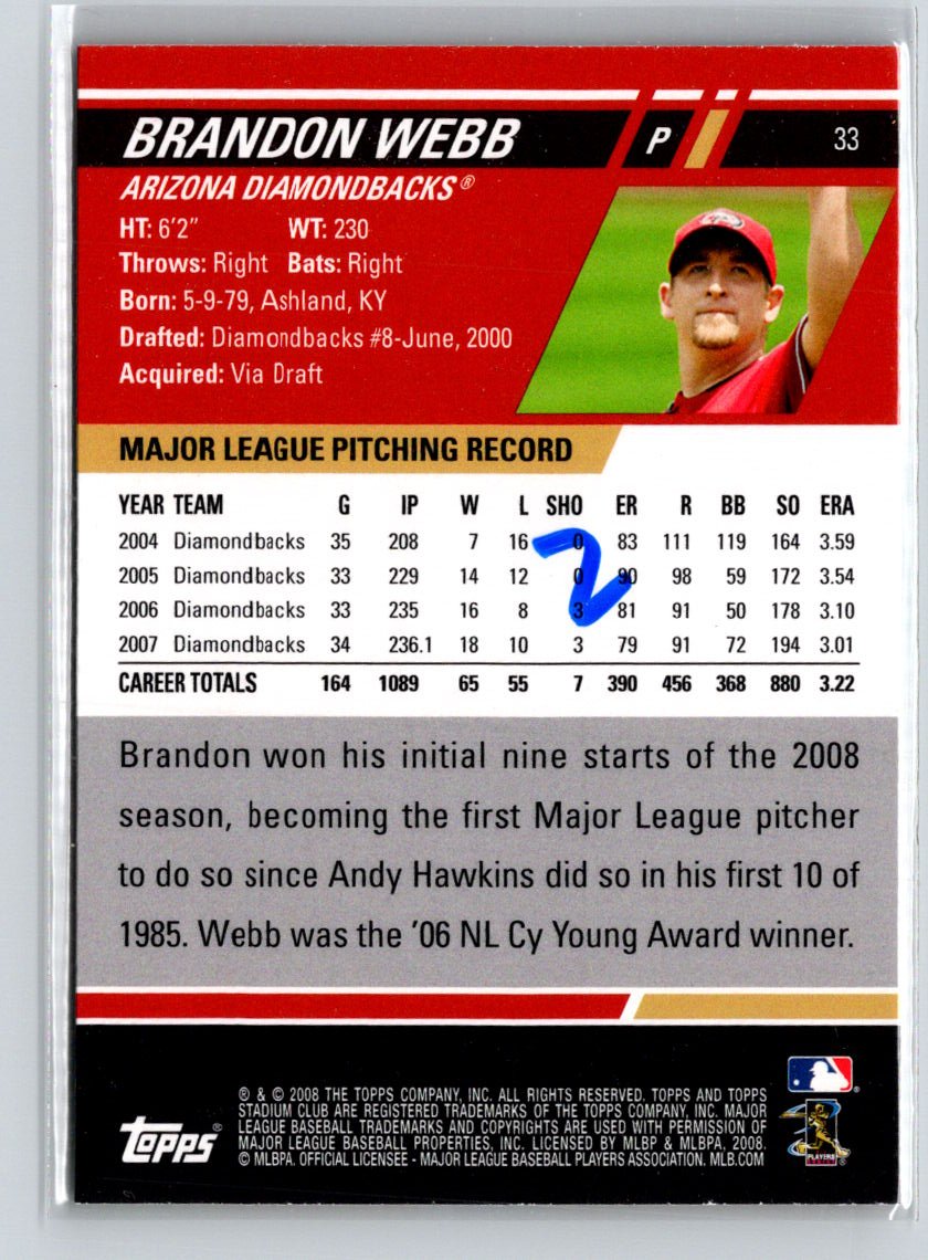 2008 Stadium Club #33 Brandon Webb First Day Issue Retail F21