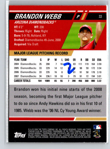 2008 Stadium Club #33 Brandon Webb First Day Issue Retail F21