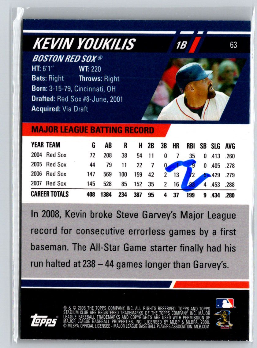 2008 Stadium Club #63 Kevin Youkilis First Day Issue Retail F21