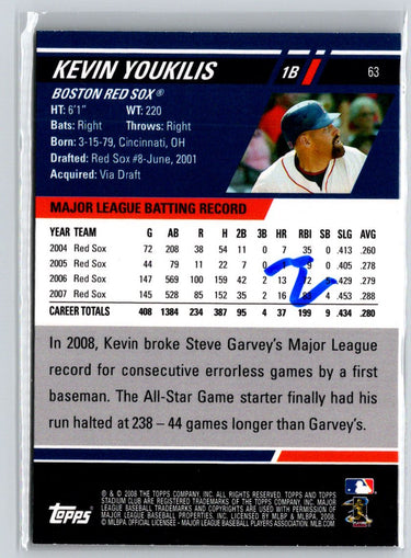 2008 Stadium Club #63 Kevin Youkilis First Day Issue Retail F21