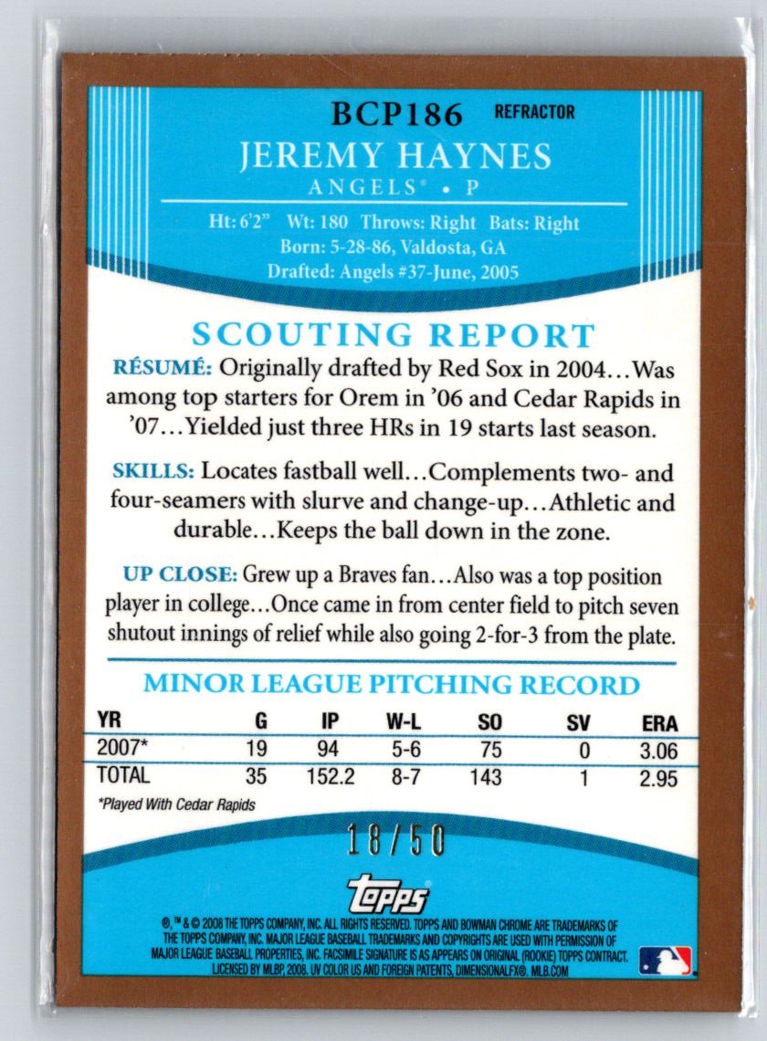 2008 Bowman Chrome #BCP186 Jeremy Haynes Prospects Gold Refractors #/50 F21