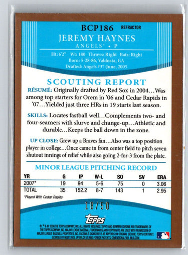 2008 Bowman Chrome #BCP186 Jeremy Haynes Prospects Gold Refractors #/50 F21