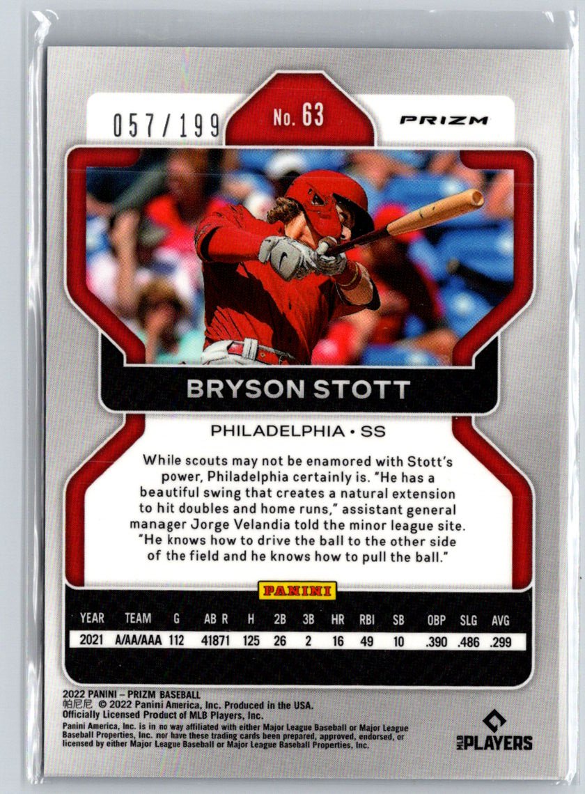 2022 Panini Prizm #63 Bryson Stott Blue Mojo Prizm #/199 F21