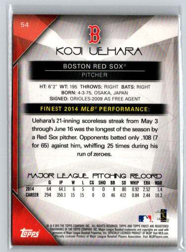 2015 Finest #FA-KU Koji Uehara Autographs Gold Refractor #/50 F24