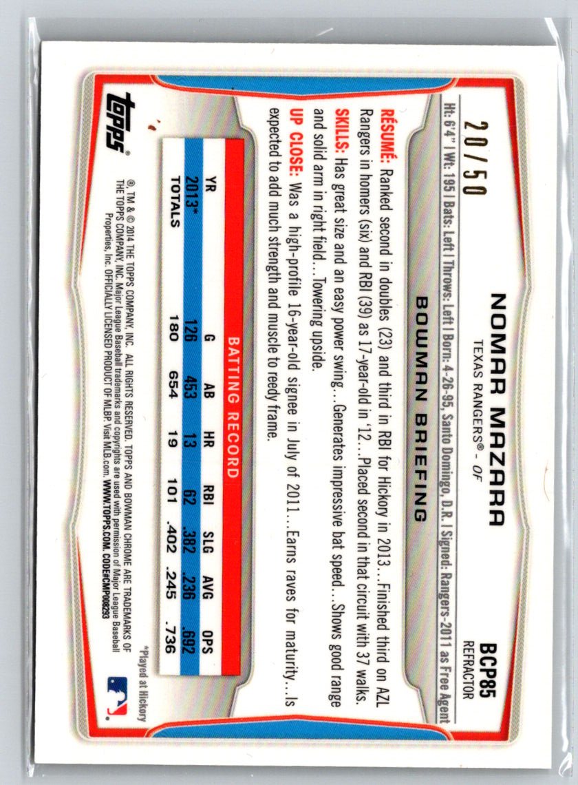 2014 Bowman #BCP85 Nomar Mazara Chrome Prospects Gold Refractors #/50 F24